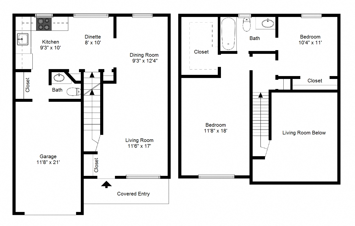 Floor plan for 2 beds, 1.5 baths, 1128 sqft